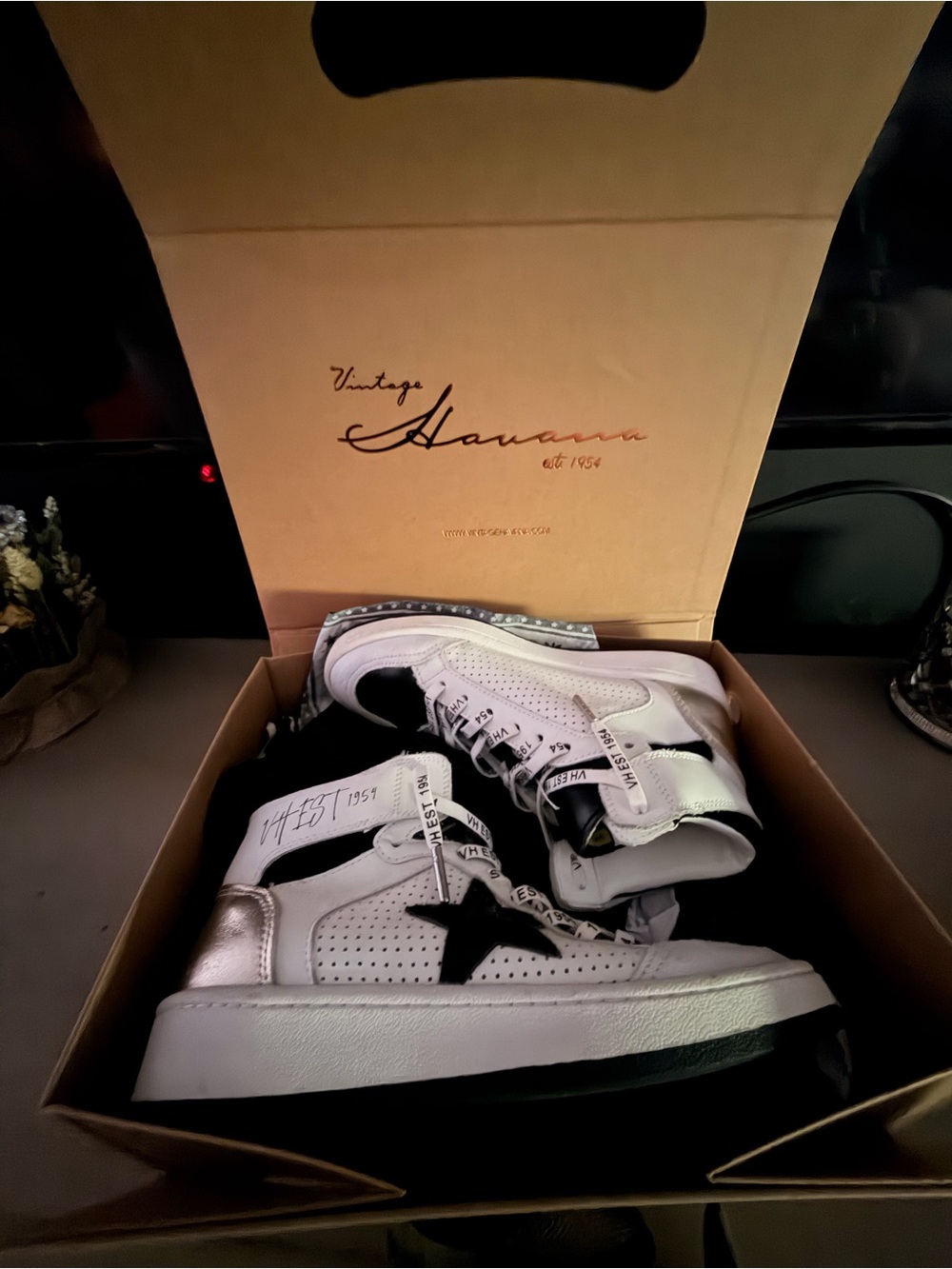 Vintage Havana White and Black High Top Sneakers with Star Detail